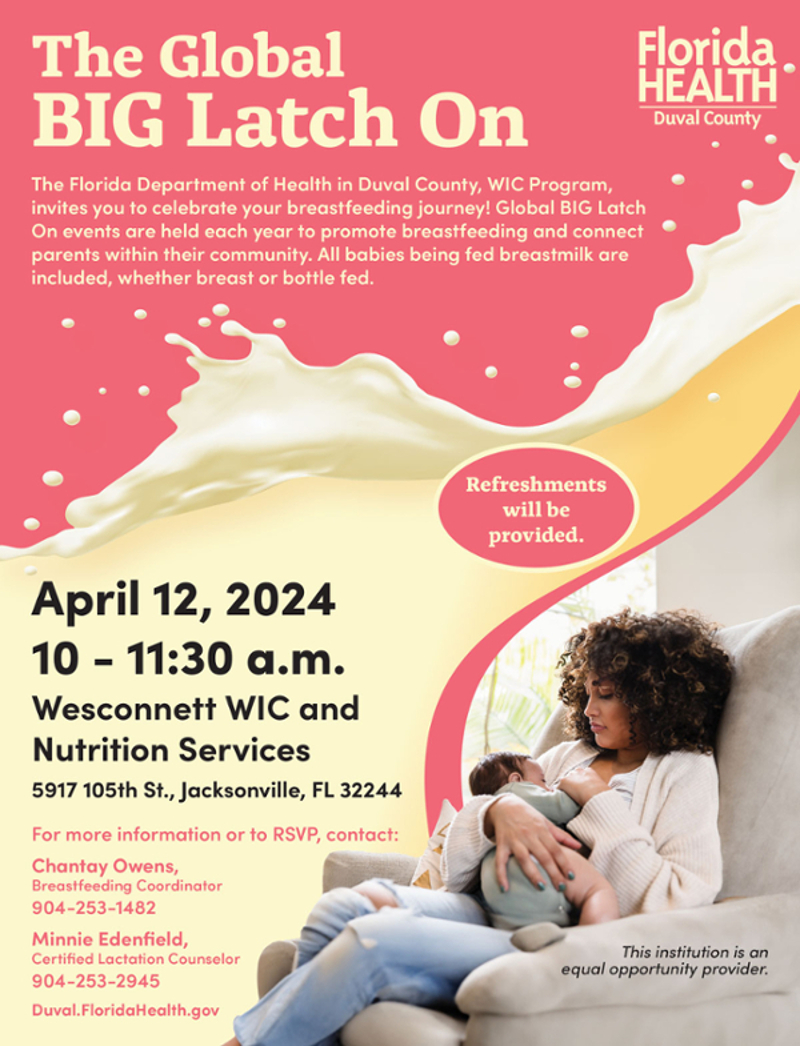 Duval County Global Big Latch On Event - April 12, 2024, 10am-11:30am - Wesconnett WIC and Nutrition Services, 5917 105th St., Jacksonville, FL 32244