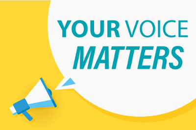 Image of a bullhorn pointing to a speech bubble with the text "Your Voice Matters"