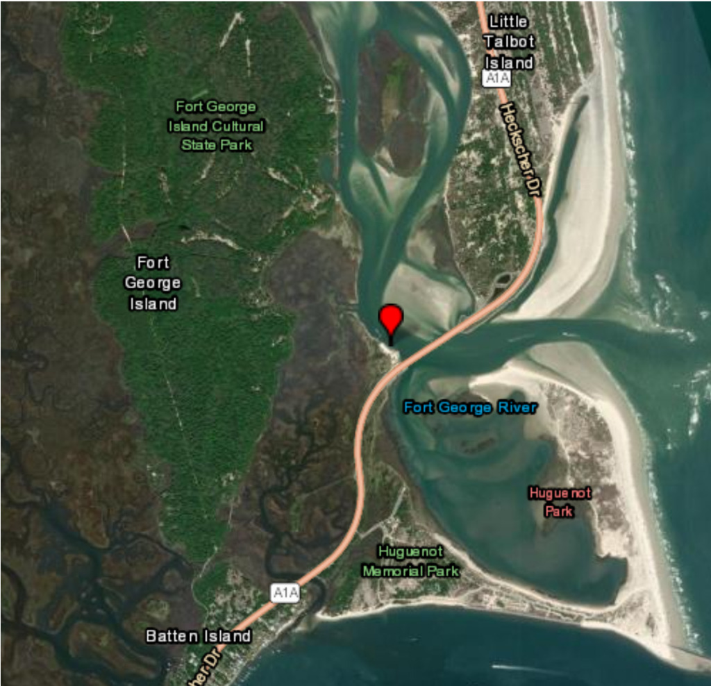 Map featuring location of Fort George Inlet near Heckscher Drive.